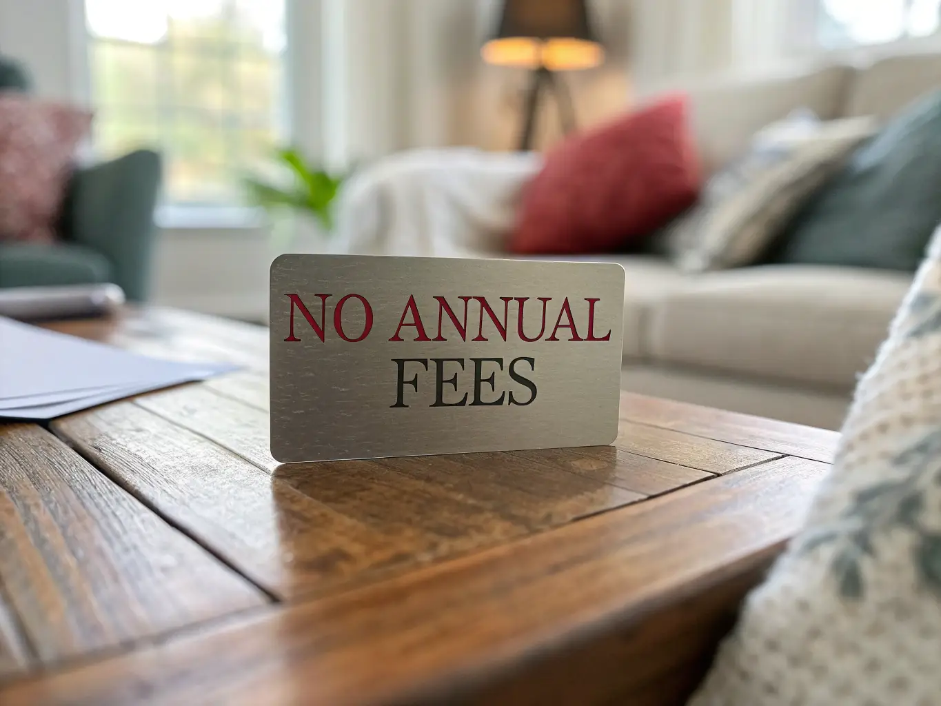 A clean and inviting image showcasing a debit card with no annual fees, emphasizing the convenience and cost savings of commission-free banking.